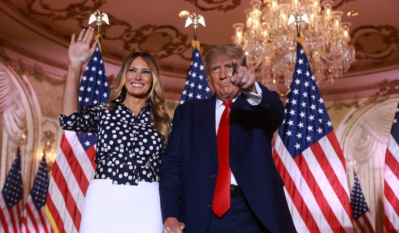 PALM BEACH, FLORIDA - NOVEMBER 15: Former U.S. President Donald Trump and former first lady Melania Trump stand together during an event at his Mar-a-Lago home on November 15, 2022 in Palm Beach, Florida. Trump announced that he was seeking another term in office and officially launched his 2024 presidential campaign. (Photo by Joe Raedle/Getty Images)