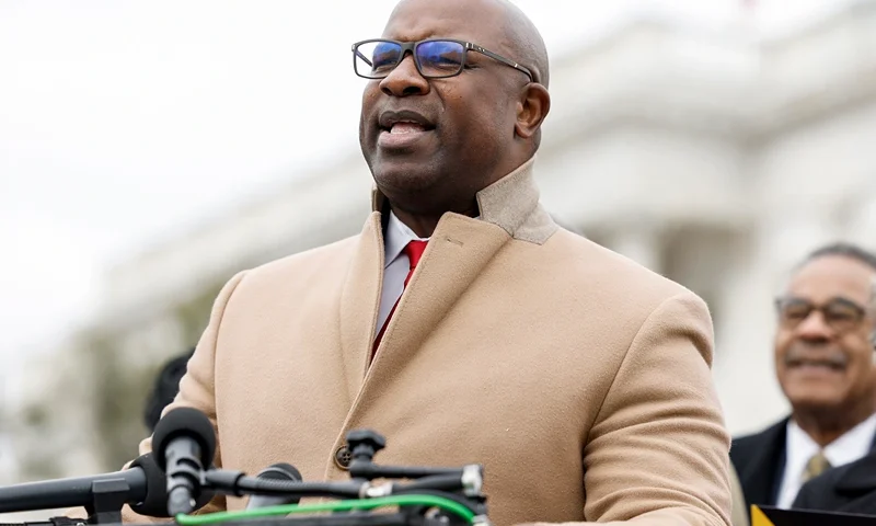 Reps. Beatty, Bowman, And Mfume Discuss Legislation To Preserve Black History WASHINGTON, DC - FEBRUARY 02: Rep. Jamaal Bowman (D-NY) speaks at a news conference outside the U.S. Capitol Building on February 02, 2023 in Washington, DC. Members of the Congressional Black Caucus held the news conference on new legislation to preserve Black history in America’s classrooms. (Photo by Anna Moneymaker/Getty Images)