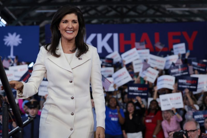 CHARLESTON, SOUTH CAROLINA - FEBRUARY 15: Republican presidential candidate Nikki Haley arrives on stage at her first campaign event on February 15, 2023 in Charleston, South Carolina. Former South Carolina Governor and United Nations ambassador Haley, officially announced her candidacy yesterday, making her the first Republican opponent to challenge former U.S. President Donald Trump. (Photo by Win McNamee/Getty Images)