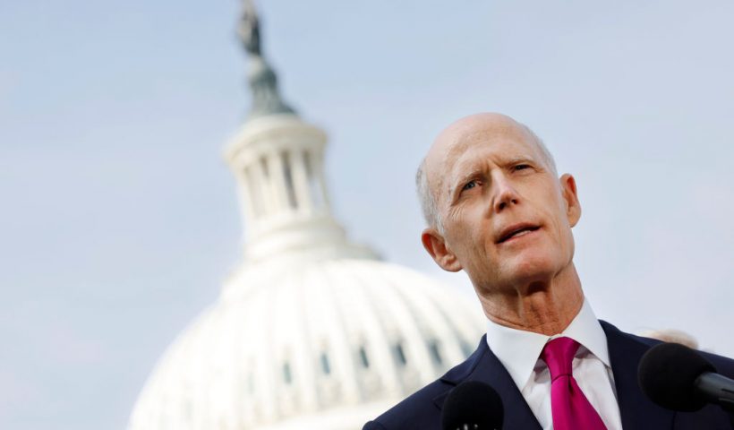 WASHINGTON, DC - MAY 11: Sen. Rick Scott (R-FL) speaks on border security and Title 42 during a press conference at the U.S. Capitol on May 11, 2023 in Washington, DC. With the expiration of Title 42, the COVID-era public health emergency that allows for the quick expulsion of migrants, the southern border is expected to see a surge in asylum seekers. (Photo by Kevin Dietsch/Getty Images)