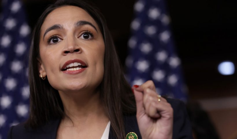 WASHINGTON, DC - MAY 24: U.S. Rep. Alexandria Ocasio-Cortez (D-NY) speaks during a news conference at the U.S. Capitol on May 24, 2023 in Washington, DC. The Congressional Progressive Caucus (CPC) held a news conference to discuss the debt ceiling negotiations. (Photo by Alex Wong/Getty Images)