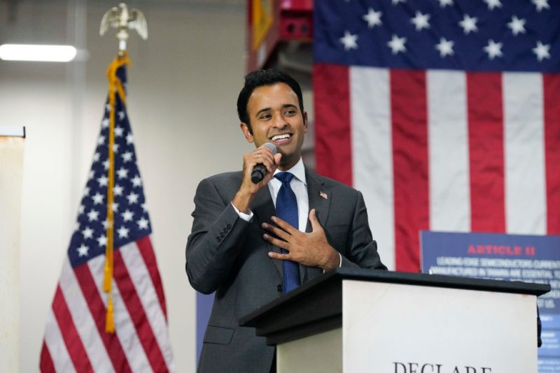 NEW ALBANY, OHIO - SEPTEMBER 21: U.S. presidential candidate Vivek Ramaswamy speaks at a campaign stop on September 21, 2023 at Axium Plastics, a packaging manufacturer, in New Albany, Ohio. Ramaswamy's speech, titled "How to Declare Independence From Communist China", detailed how the United States can move vital supply chains, including defense and pharmaceuticals, away from Chinese facilities. (Photo by Andrew Spear/Getty Images)