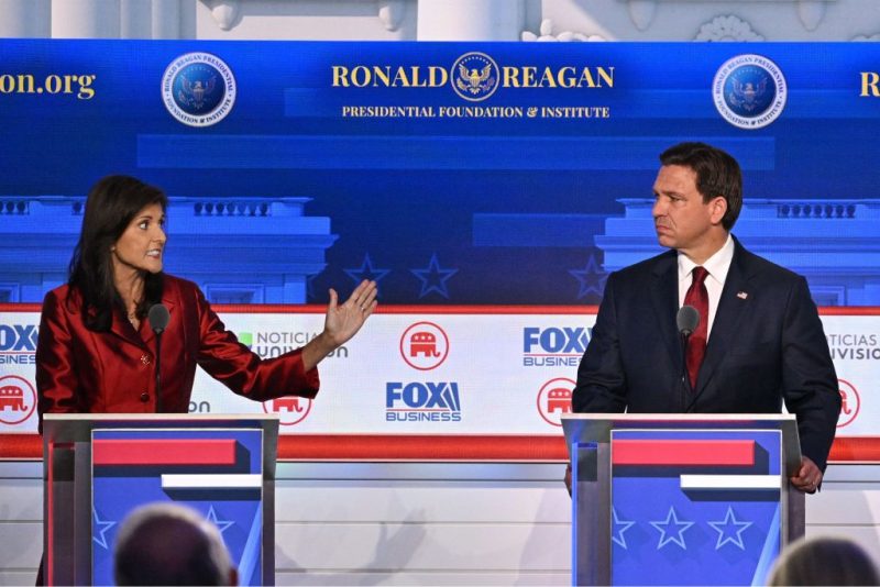 TOPSHOT - Former Governor from South Carolina and UN ambassador Nikki Haley gestures toward Florida Governor Ron DeSantis during the second Republican presidential primary debate at the Ronald Reagan Presidential Library in Simi Valley, California, on September 27, 2023. (Photo by Robyn BECK / AFP) (Photo by ROBYN BECK/AFP via Getty Images)