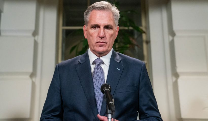 WASHINGTON, DC - SEPTEMBER 30: House Speaker Kevin McCarthy (R-CA) speaks with members of the media following a meeting of the Republican House caucus on September 30, 2023 in Washington, DC. The government is expected to enter a shutdown at midnight if a last-minute budget deal is not reached by the House on Saturday. (Photo by Nathan Howard/Getty Images)