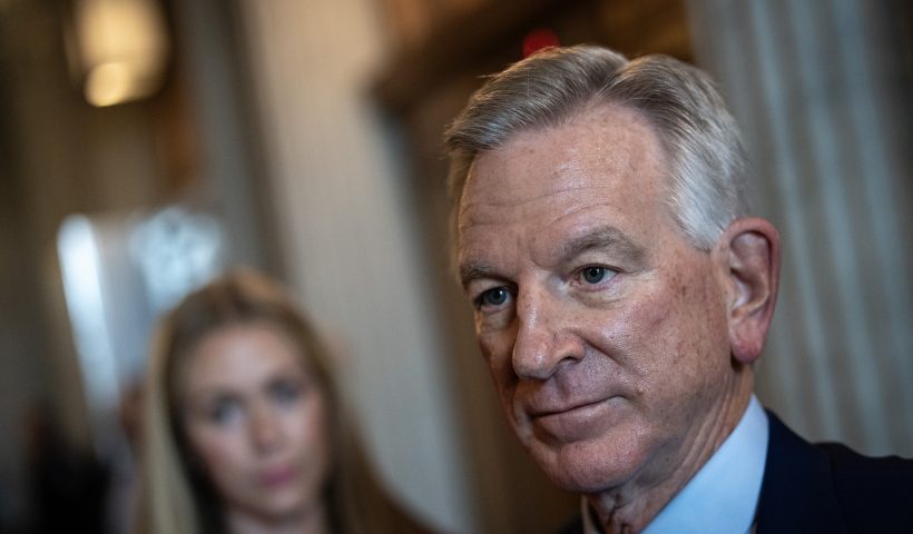 WASHINGTON, DC - NOVEMBER 7: Sen. Tommy Tuberville (R-AL) speaks to reporters on his way to a closed-door lunch meeting with Senate Republicans at the U.S. Capitol November 7, 2023 in Washington, DC. The Senate Republican conference will hold a special meeting Tuesday afternoon to discuss Tuberville's blockade of military promotions and blocking military nominations from reaching the Senate floor. (Photo by Drew Angerer/Getty Images)