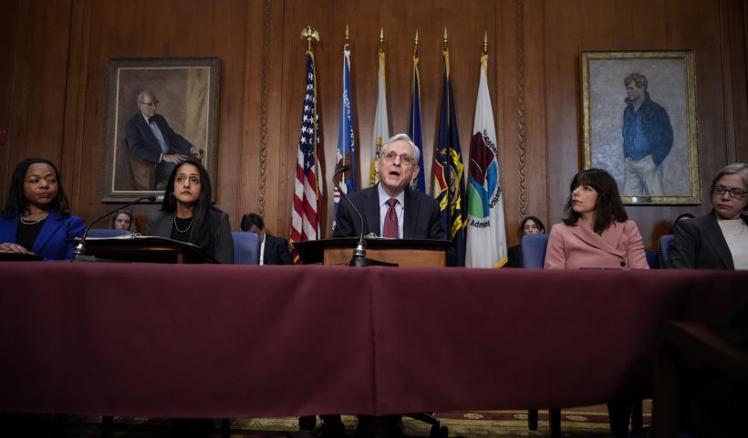 WASHINGTON, DC - DECEMBER 4: U.S. Attorney General Merrick Garland (C) speaks during a meeting of the Reproductive Rights Task Force at the U.S. Department of Justice on December 4, 2023 in Washington, DC. Garland also announced that Victor Manuel Rocha, the former U.S. ambassador to Bolivia, has been charged with acting illegally as a foreign agent for the government of Cuba. (Photo by Drew Angerer/Getty Images)