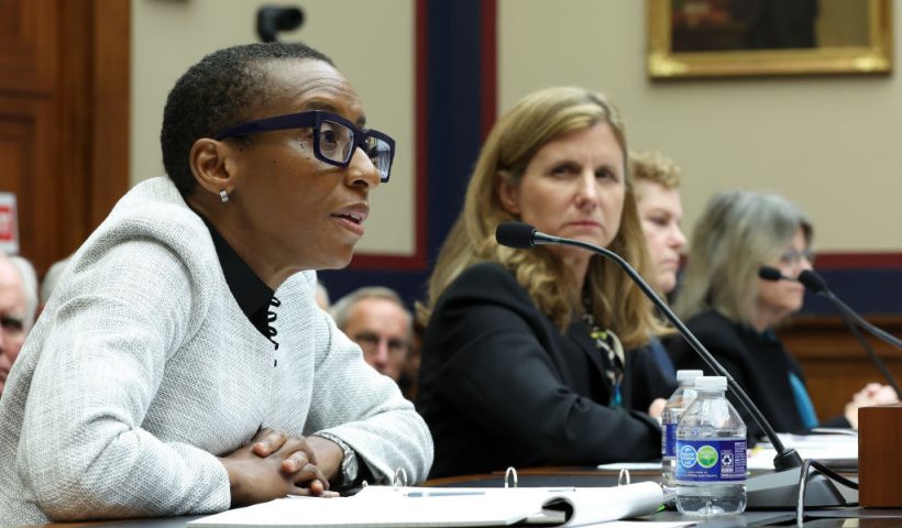 WASHINGTON, DC - DECEMBER 05: (L-R) Dr. Claudine Gay, President of Harvard University, Liz Magill, President of University of Pennsylvania, Dr. Pamela Nadell, Professor of History and Jewish Studies at American University, and Dr. Sally Kornbluth, President of Massachusetts Institute of Technology, testify before the House Education and Workforce Committee at the Rayburn House Office Building on December 05, 2023 in Washington, DC. The Committee held a hearing to investigate antisemitism on college campuses. (Photo by Kevin Dietsch/Getty Images)