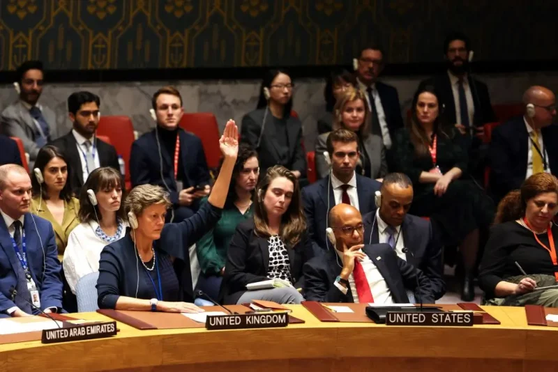 US Deputy Ambassador to the UN Robert Wood (R) and British Ambassdor to the UN Barbara Woodward (L) attend a United Nations Security Council meeting on a resolution calling for a ceasefire in Gaza at UN headquarters in New York on December 8, 2023. The United States vetoed a UN Security Council resolution that would have called for an immediate ceasefire in the intense fighting between Israel and Hamas in Gaza. The United States' deputy representative at the UN, Robert Wood, said the resolution was "divorced from reality" and "would have not moved the needle forward on the ground." (Photo by Charly TRIBALLEAU / AFP) (Photo by CHARLY TRIBALLEAU/AFP via Getty Images)