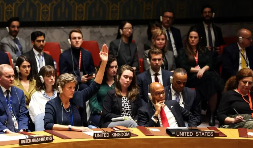US Deputy Ambassador to the UN Robert Wood (R) and British Ambassdor to the UN Barbara Woodward (L) attend a United Nations Security Council meeting on a resolution calling for a ceasefire in Gaza at UN headquarters in New York on December 8, 2023. The United States vetoed a UN Security Council resolution that would have called for an immediate ceasefire in the intense fighting between Israel and Hamas in Gaza. The United States' deputy representative at the UN, Robert Wood, said the resolution was "divorced from reality" and "would have not moved the needle forward on the ground." (Photo by Charly TRIBALLEAU / AFP) (Photo by CHARLY TRIBALLEAU/AFP via Getty Images)