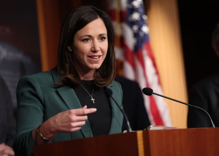 WASHINGTON, DC - DECEMBER 07: U.S. Sen. Katie Britt (R-AL) speaks at a press conference on border security at the U.S. Capitol on December 07, 2023 in Washington, DC. The group of Republican Senators held a press conference calling for enhanced border security. (Photo by Kevin Dietsch/Getty Images)