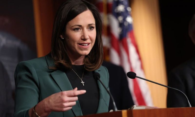 WASHINGTON, DC - DECEMBER 07: U.S. Sen. Katie Britt (R-AL) speaks at a press conference on border security at the U.S. Capitol on December 07, 2023 in Washington, DC. The group of Republican Senators held a press conference calling for enhanced border security. (Photo by Kevin Dietsch/Getty Images)