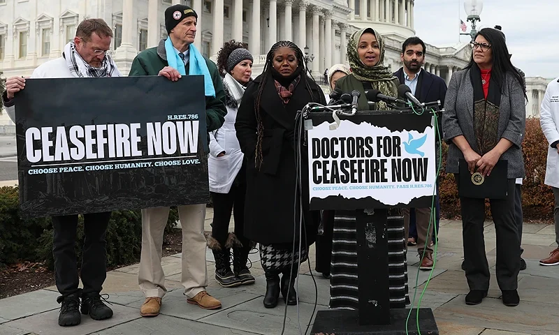 WASHINGTON, DC - DECEMBER 07: (L-R) U.S. Rep. Rashida Tlaib (D-MI), Rep. Ilhan Omar (D-MN) and Rep. Cori Bush (D-MO) speak at a press conference on the Israel-Hamas war outside of the U.S. Capitol on December 07, 2023 in Washington, DC. A group of Democratic lawmakers joined by members of Doctors Against Genocide called on a permanent ceasefire in Gaza. (Photo by Kevin Dietsch/Getty Images)
