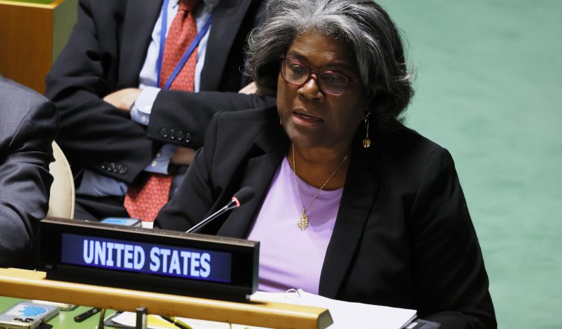 NEW YORK, NEW YORK - DECEMBER 12: U.S. Representative to the United Nations Ambassador Linda Thomas-Greenfield speaks during the UN General Assembly emergency special session on the Israel-Hamas war at the United Nations headquarters on December 12, 2023 in New York City. The General Assembly resumed its 45th plenary meeting after Egypt and Mauritania invoked Resolution 377, known as "Uniting for Peace," to demand an immediate humanitarian ceasefire in the two-month-long war between Israel and Hamas after the U.S. vetoed a similar vote in the Security Council. Assembly resolutions are non-binding and could be ignored by Israel even if there is overwhelming support for a ceasefire. The death toll in Gaza has passed 18,000 from Israel's offensive after the Oct. 7 attack by Hamas that Israel says killed 1,200 people and saw 240 people taken hostage. (Photo by Michael M. Santiago/Getty Images)