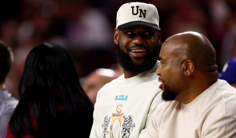 Long Beach State v USC LOS ANGELES, CALIFORNIA - DECEMBER 10: LeBron James looks on during the first half of the game between the USC Trojans and the Long Beach State 49ers at Galen Center on December 10, 2023 in Los Angeles, California. (Photo by Katelyn Mulcahy/Getty Images)