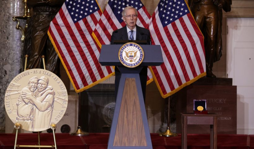 WASHINGTON, DC - DECEMBER 13: U.S. Senate Minority Leader Sen. Mitch McConnell (R-KY) speaks during a Congressional Gold Medal ceremony in honor of professional baseball player Larry Doby at the U.S. Capitol on December 13, 2023 in Washington, DC. Doby, the first African American to play in the American League in 1947, was posthumously awarded with the Congressional Gold Medal for his career and contributions to the American Civil Rights Movement. (Photo by Alex Wong/Getty Images)