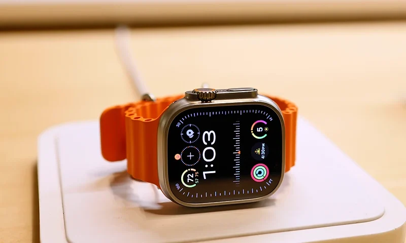 NEW YORK, NEW YORK - DECEMBER 18: An Apple watch is seen on display at the Apple Store in Grand Central Station on December 18, 2023 in New York City. Apple announced that it will halt the sale of its Apple Watch Series 9 and Apple Watch Ultra 2 in the U.S. as early as this week. The decision comes from an ongoing dispute with medical technology company Masimo over its blood oxygen feature. The company has said that a review period is underway with the International Trade Commission related to Apple Watch devices containing a blood oxygen feature. (Photo by Michael M. Santiago/Getty Images)