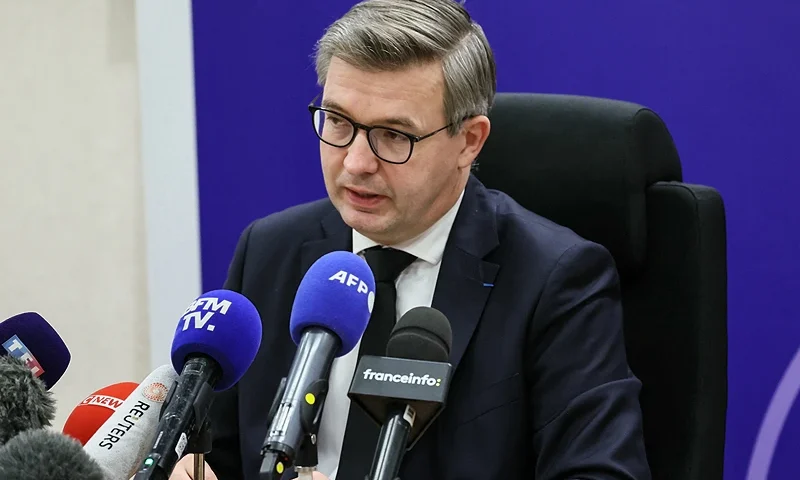 Meaux's Public Prosecutor Jean-Baptiste Bladier speaks during a press conference following the discovery of the bodies of a woman and her four children in their flat, in Meaux, eastern Paris, on December 26, 2023. French police arrested a man, the father, suspected of murdering his wife and their four children aged nine months, four, seven and 10 years old, opening an inquiry into their "premeditated murder", in Meaux, eastern Paris, on December 26, 2023. (Photo by ALAIN JOCARD / AFP) (Photo by ALAIN JOCARD/AFP via Getty Images)