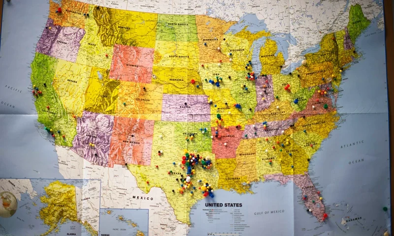 US-VOTE-IOWA-CAUCUS-CRUZ-politics A map pinned to the wall at Republican presidential candidate Ted Cruz's headquarters shows where volunteers have came from to help in West Des Moines, Iowa, January 31, 2016, ahead of the Iowa Caucus. US presidential candidates made a frenzied, final push to lock in Iowa voters on the eve of the first nominating contest of the 2016 election season. / AFP / Jim WATSON (Photo credit should read JIM WATSON/AFP via Getty Images)