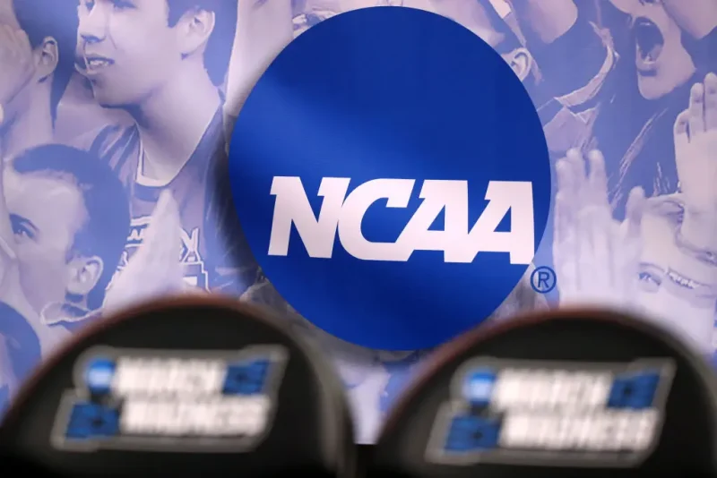 SALT LAKE CITY, UT - MARCH 16: The NCAA logo is seen in the second half of the game between the Northwestern Wildcats and the Vanderbilt Commodores during the first round of the 2017 NCAA Men's Basketball Tournament at Vivint Smart Home Arena on March 16, 2017 in Salt Lake City, Utah. (Photo by Christian Petersen/Getty Images)
