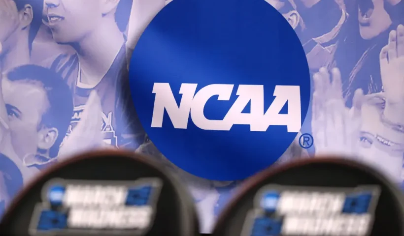 SALT LAKE CITY, UT - MARCH 16: The NCAA logo is seen in the second half of the game between the Northwestern Wildcats and the Vanderbilt Commodores during the first round of the 2017 NCAA Men's Basketball Tournament at Vivint Smart Home Arena on March 16, 2017 in Salt Lake City, Utah. (Photo by Christian Petersen/Getty Images)