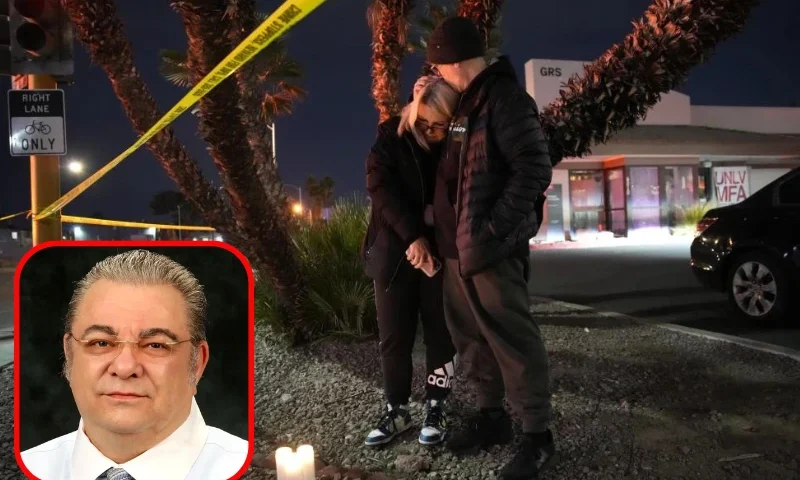 B| Sean Hathcock, right, kisses Michelle Ashley after the two left candles for victims of a shooting at the University of Nevada, Las Vegas, Wednesday. Dec. 6. 2023. in Las Vegas. The two graduated from the school and live nearby. (AP Photo/John Locher) F| (Anthony Polito / Linkedin By LVMPD)