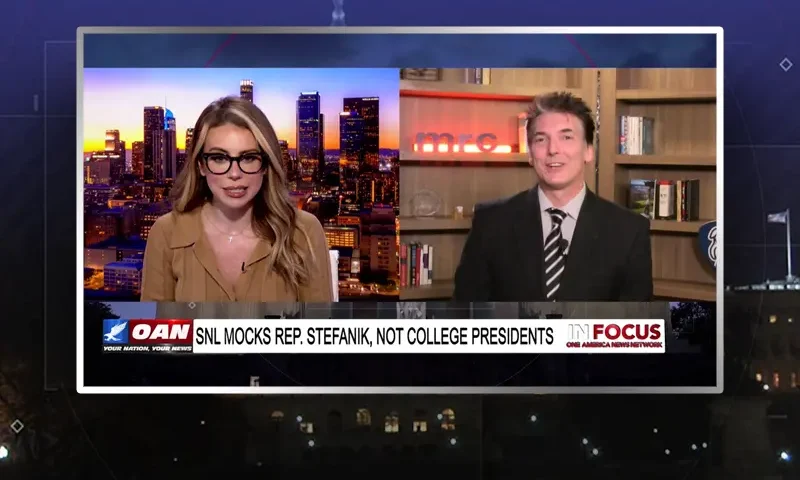 Video still from In Focus on One America News Network showing a split screen of the host on the left side, and on the right side is the guest, Eric Scheiner.