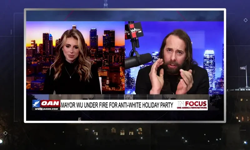 Video still from In Focus on One America News Network showing a split screen of the host on the left side, and on the right side is the guest, Jess Weber.