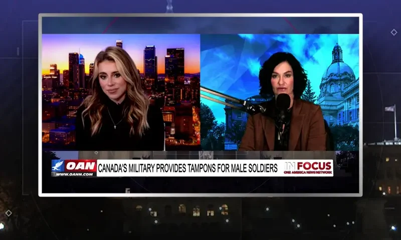 Video still from In Focus on One America News Network showing a split screen of the host on the left side, and on the right side is the guest, Sheila Gunn Reid.