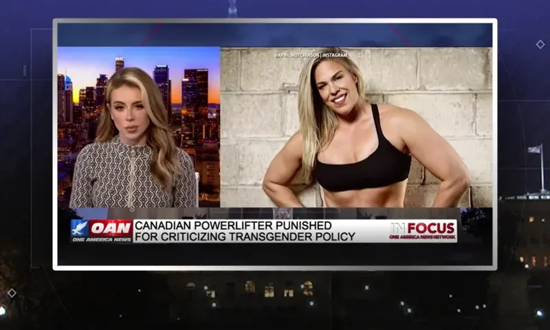 Video still from In Focus on One America News Network showing a split screen of the host on the left side, and on the right side is the guest, April Hutchinson.