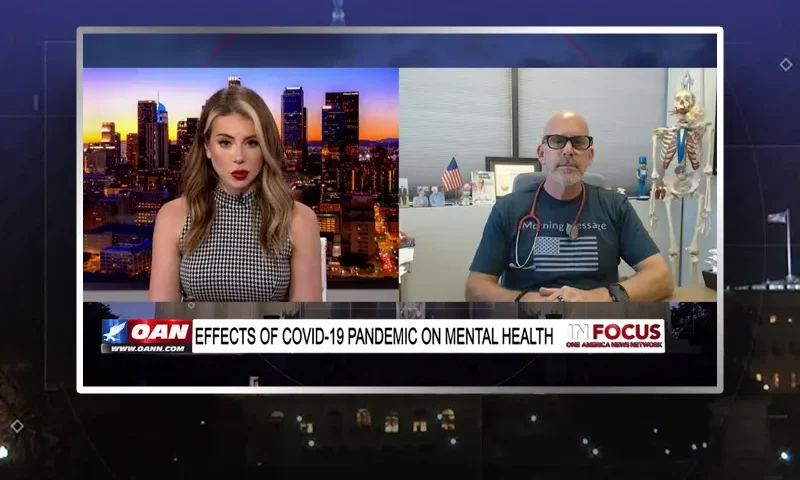 Video still from In Focus on One America News Network showing a split screen of the host on the left side, and on the right side is the guest, Dr. Jeff Barke.