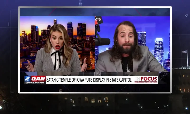 Video still from In Focus on One America News Network showing a split screen of the host on the left side, and on the right side is the guest, Jess Weber.