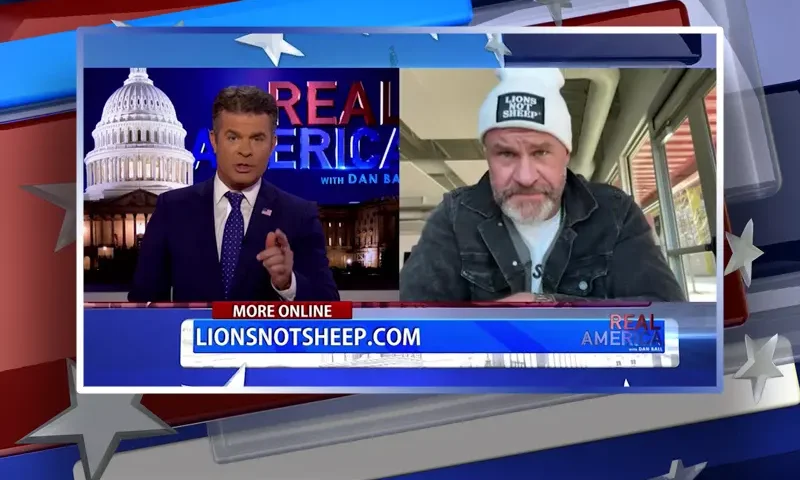 Video still from Real America on One America News Network showing a split screen of the host on the left side, and on the right side is the guest, Sean Whalen.