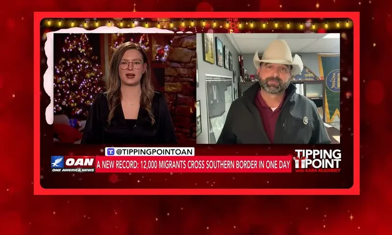 Video still from Tipping Point on One America News Network showing a split screen of the host on the left side, and on the right side is the guest, Thaddeus Cleveland.