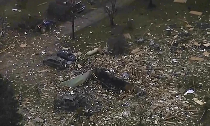 This image from video shows the remains of a house scattered after an explosion in Northfield Township, Mich., on Saturday Dec. 30, 2023. Several were killed and injured. (WXYZ via AP)