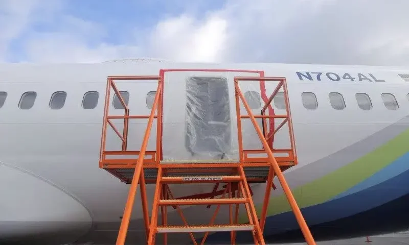 The fuselage plug area of Alaska Airlines Flight 1282 Boeing 737-9 MAX, which was forced to make an emergency landing with a gap in the fuselage, is seen during its investigation by the National Transportation Safety Board (NTSB) in Portland, Oregon, U.S. January 7, 2024. NTSB/Handout via REUTERS/File Photo