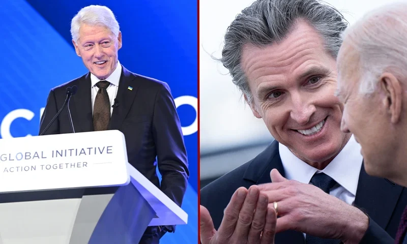 (L)NEW YORK, NEW YORK - SEPTEMBER 19: Former President Bill Clinton speaks onstage during the Clinton Global Initiative September 2023 Meeting at New York Hilton Midtown on September 19, 2023 in New York City. (Photo by Noam Galai/Getty Images for Clinton Global Initiative)/ (R)US President Joe Biden (R) talks with California Governor Gavin Newsom after disembarking Air Force One at San Francisco International Airport in San Francisco, California, on November 14, 2023, as he arrives to attend the Asia-Pacific Economic Cooperation (APEC) leaders' week. The APEC Summit takes place through November 17. (Photo by Brendan Smialowski / AFP) (Photo by BRENDAN SMIALOWSKI/AFP via Getty Images)