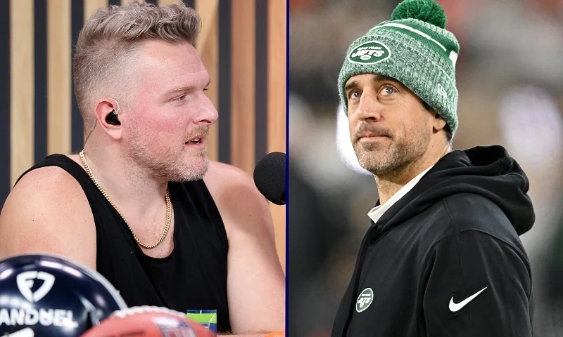 (L)PHOENIX, ARIZONA - FEBRUARY 09: Former NFL player and host Pat McAfee speaks on radio row ahead of Super Bowl LVII at the Phoenix Convention Center on February 9, 2023 in Phoenix, Arizona. (Photo by Mike Lawrie/Getty Images) / (R)CLEVELAND, OHIO - DECEMBER 28: Aaron Rodgers #8 of the New York Jets looks on prior to playing the Cleveland Browns at Cleveland Browns Stadium on December 28, 2023 in Cleveland, Ohio. (Photo by Nick Cammett/Getty Images)