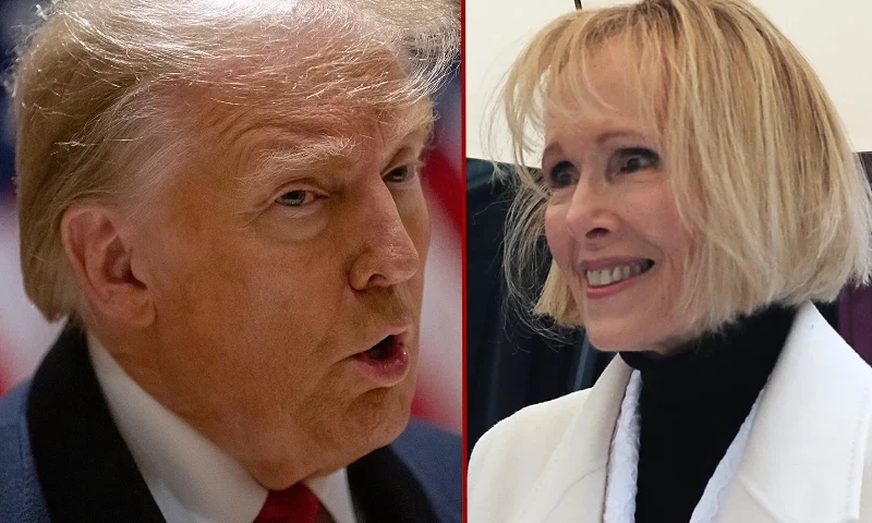 (L) NEW YORK, NEW YORK - JANUARY 17: Former President Donald Trump speaks at a press conference at 40 Wall Street on January 17, 2024 in New York City. Trump held a press conference after leaving the second day of his defamation trial involving E. Jean Carroll. The trial is to determine how much money in damages the former president must pay Carroll as a result of public comments that he made both while he was president and after the jury’s verdict in May. Carroll was awarded $5 million in damages in May from the previous lawsuit. (Photo by Alexi J. Rosenfeld/Getty Images) / (R) NEW YORK, NEW YORK - JANUARY 26: E. Jean Carroll arrives at Manhattan federal court in New York as her defamation suit against Donald Trump continues on January 26, 2024 in New York City. Lawyers for both parties are expected to make their final statements today before a jury decides on a financial penalty. Carroll successfully sued Trump for defaming her when he was president, he has denied sexually assaulting her in a New York department store dressing room in the mid 1990's. (Photo by Spencer Platt/Getty Images)