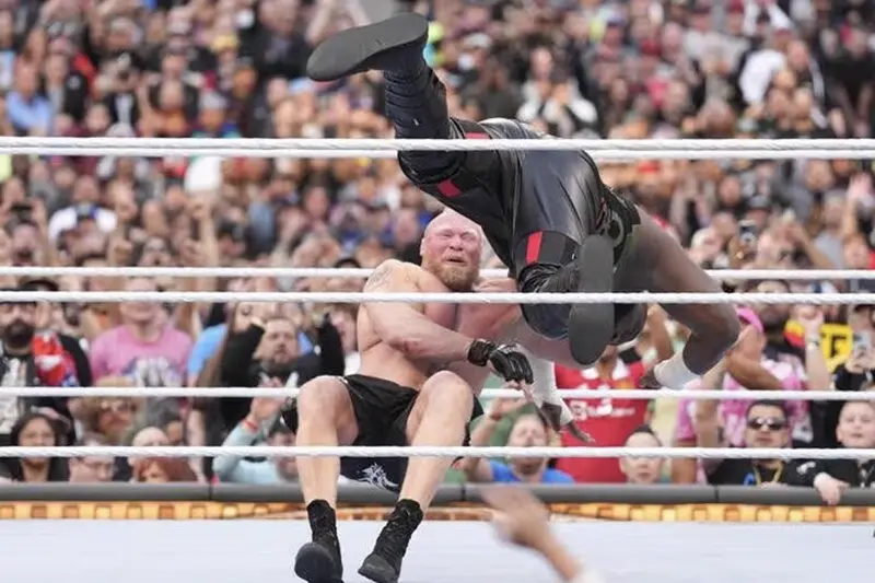 Omos (black pants) and Brock Lesnar (black shorts) during Wrestlemania Night 2 at SoFi Stadium. Mandatory Credit: Joe Camporeale-USA TODAY Sports/files