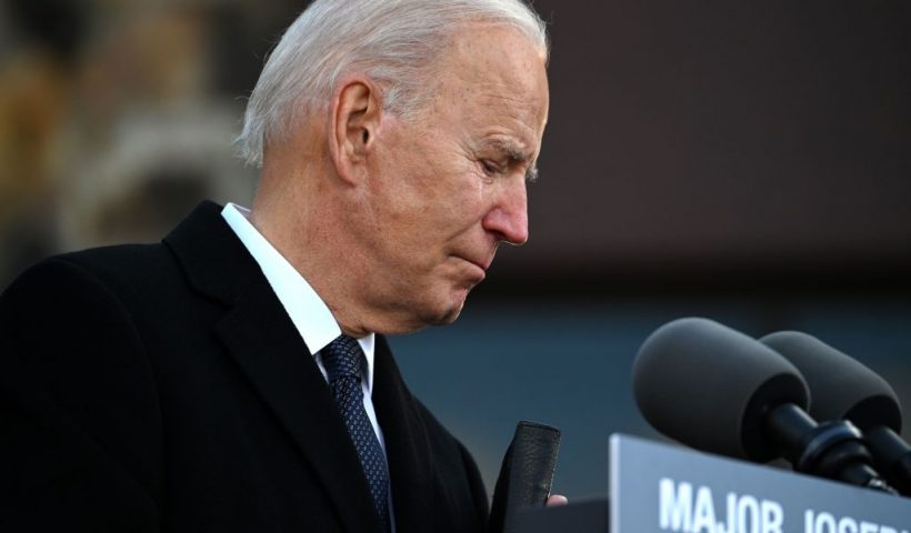 US President-Elect Joe Biden is tearful tear as he speaks at Major Joseph R. "Beau" Biden III National Guard /Reserve Center in New Castle Airport on January 19, 2021, in New Castle, Delaware, before departing for Washington, DC. (Photo by JIM WATSON / AFP) (Photo by JIM WATSON/AFP via Getty Images)