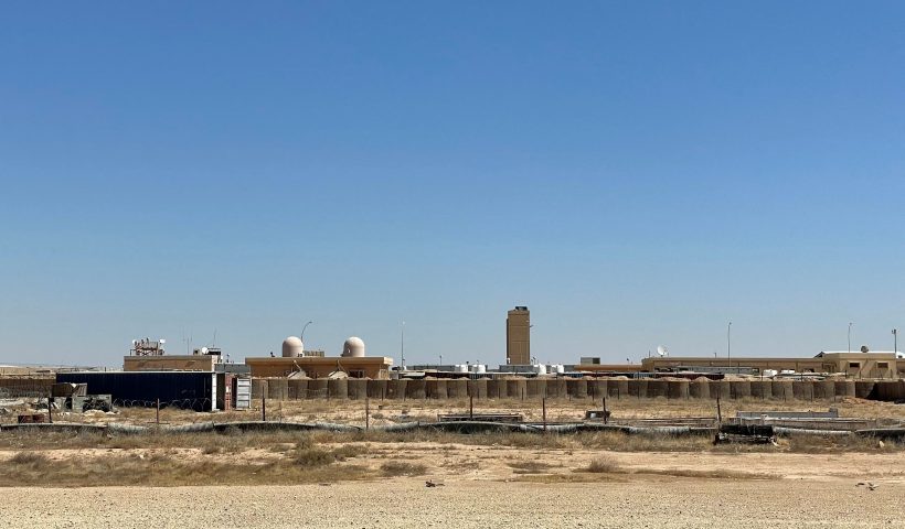 This picture taken on July 8, 2021 shows a view of the Ain al-Assad air base hosting US forces in Iraq in the western Anbar province, a day after fourteen rockets were fired at the base. - Fourteen rockets were fired on July 7 at an air base hosting American troops in the western province of Anbar, causing minor injuries to two personnel, the coalition said. The rockets "landed on the base & perimeter" of the Ain al-Assad base, the coalition spokesman tweeted, adding that local homes and a mosque were also damaged. Iraqi security forces said the rocket launcher had been hidden inside a truck carrying bags of flour. (Photo by Ayman HENNA / AFP) (Photo by AYMAN HENNA/AFP via Getty Images)