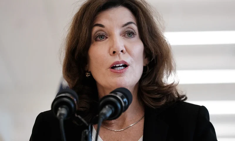 New York Lt Governor Kathy Hochul Visits New York City School NEW YORK, NEW YORK - AUGUST 18: Lt. Gov. Kathy Hochul speaks to the media after a tour in a Queens public school to view safety precautions ahead of its opening during the continued Covid outbreak on August 18, 2021 in New York City. Hochul, who will become the governor of New York State on August 24th, is replacing current governor Andrew Cuomo who is resigning following numerous allegations of sexual misconduct. (Photo by Spencer Platt/Getty Images)