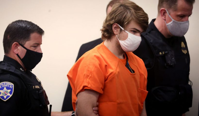 BUFFALO, NEW YORK - MAY 19: Payton Gendron arrives for a hearing at the Erie County Courthouse on May 19, 2022 in Buffalo, New York. Gendron is accused of killing 10 people and wounding another 3 during a shooting at a Tops supermarket on May 14 in Buffalo. The attack was believed to be motivated by racial hatred. (Photo by Scott Olson/Getty Images)