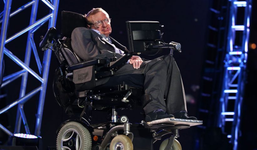 LONDON, ENGLAND - AUGUST 29: Professor Stephen Hawking speaks during the Opening Ceremony of the London 2012 Paralympics at the Olympic Stadium on August 29, 2012 in London, England. (Photo by Dan Kitwood/Getty Images)