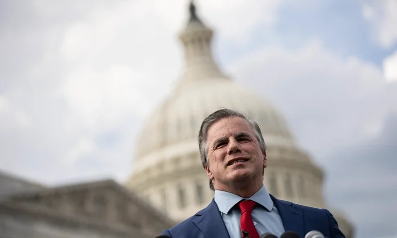 WASHINGTON, DC - SEPTEMBER 12: President of the Judicial Watch Tom Fitton speaks during a news conference with members of the House Freedom Caucus outside the U.S. Capitol on September 12, 2023 in Washington, DC. The Freedom Caucus members said they will not support a stopgap spending measure to fund the government unless several conservative policy priorities on immigration and other issues are attached. (Photo by Drew Angerer/Getty Images)