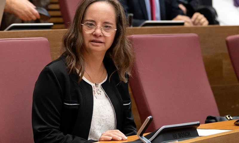 SPAIN-SOCIAL-POLITICS Mar Galceran, Partido Popular -PP- (People's Party) regional deputy at the parliament in Valencia, attends a plenary session on September 28, 2023. Mar Galceran, 45, on September 9, 2023 became the first spaniard with Down sybdrome to be elected deputy in Spain. (Photo by JOSE JORDAN / AFP) (Photo by JOSE JORDAN/AFP via Getty Images)