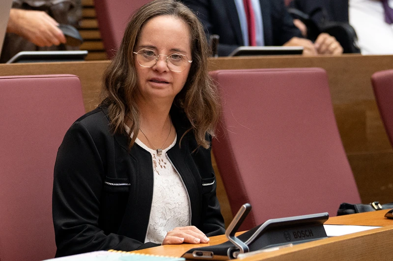 SPAIN-SOCIAL-POLITICS
Mar Galceran, Partido Popular -PP- (People's Party) regional deputy at the parliament in Valencia, attends a plenary session on September 28, 2023. Mar Galceran, 45, on September 9, 2023 became the first spaniard with Down sybdrome to be elected deputy in Spain. (Photo by JOSE JORDAN / AFP) (Photo by JOSE JORDAN/AFP via Getty Images)