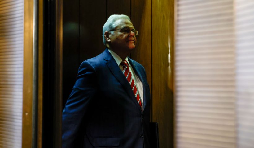 WASHINGTON, DC - SEPTEMBER 28: Sen. Bob Menendez (D-NJ) stands in an elevator after leaving his office in the Hart Senate Office Building on September 28, 2023 in Washington, DC. Menendez will address Senate Democrats in a caucus meeting later today, a day after being arraigned on federal bribery charges in New York City. (Photo by Anna Moneymaker/Getty Images)