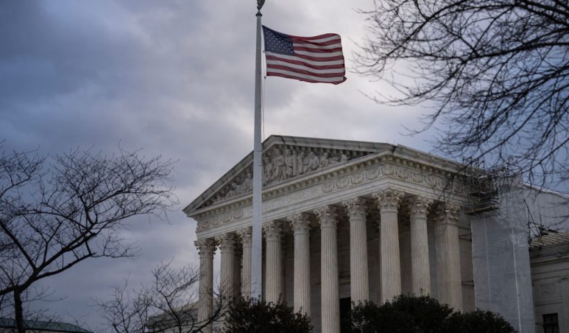 WASHINGTON, DC - JANUARY 4: A view of the U.S. Supreme Court on Thursday morning January 4, 2024 in Washington, DC. Former President Donald Trump has petitioned the U.S. Supreme Court to keep his name on the primary ballot in Colorado. Earlier in December, the Colorado Supreme Court ruled 4-3 that former President Donald Trump is ineligible to run for the White House and appear on the state's ballot, citing the U.S. Constitution's insurrection clause in the 14th amendment. (Photo by Drew Angerer/Getty Images)