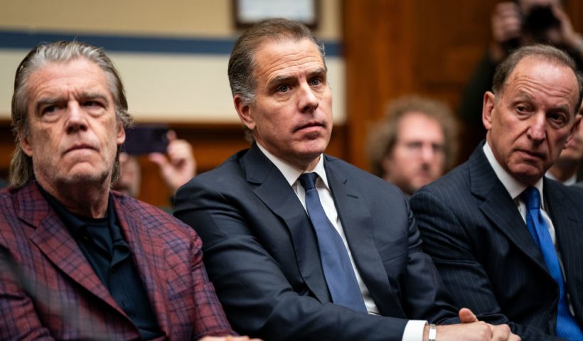 WASHINGTON, DC - JANUARY 10:Hunter Biden, son of U.S. President Joe Biden, flanked by Kevin Morris, left, and Abbe Lowell, right, attend a House Oversight Committee meeting on January 10, 2024 in Washington, DC. The committee is meeting today as it considers citing him for Contempt of Congress. (Photo by Kent Nishimura/Getty Images)